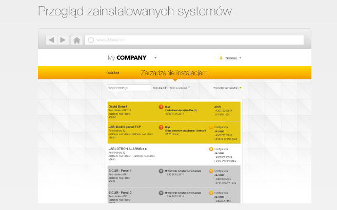 MyCompany - przegląd zainstalowanych systemów alarmowych Jablotron